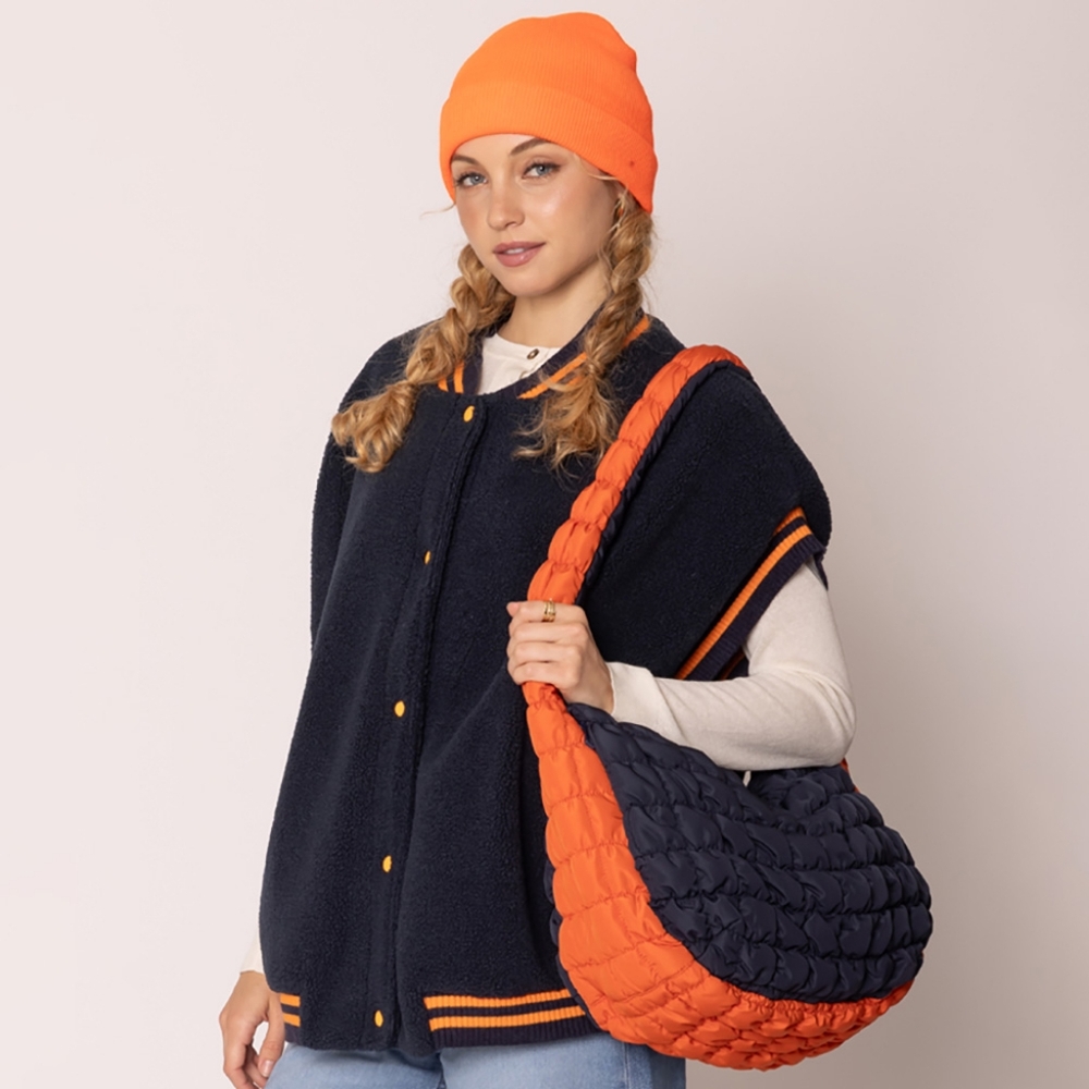 Orange Navy Cloud Puffer Hobo Bag Purse Quilted Shoulder Womens Crossbody